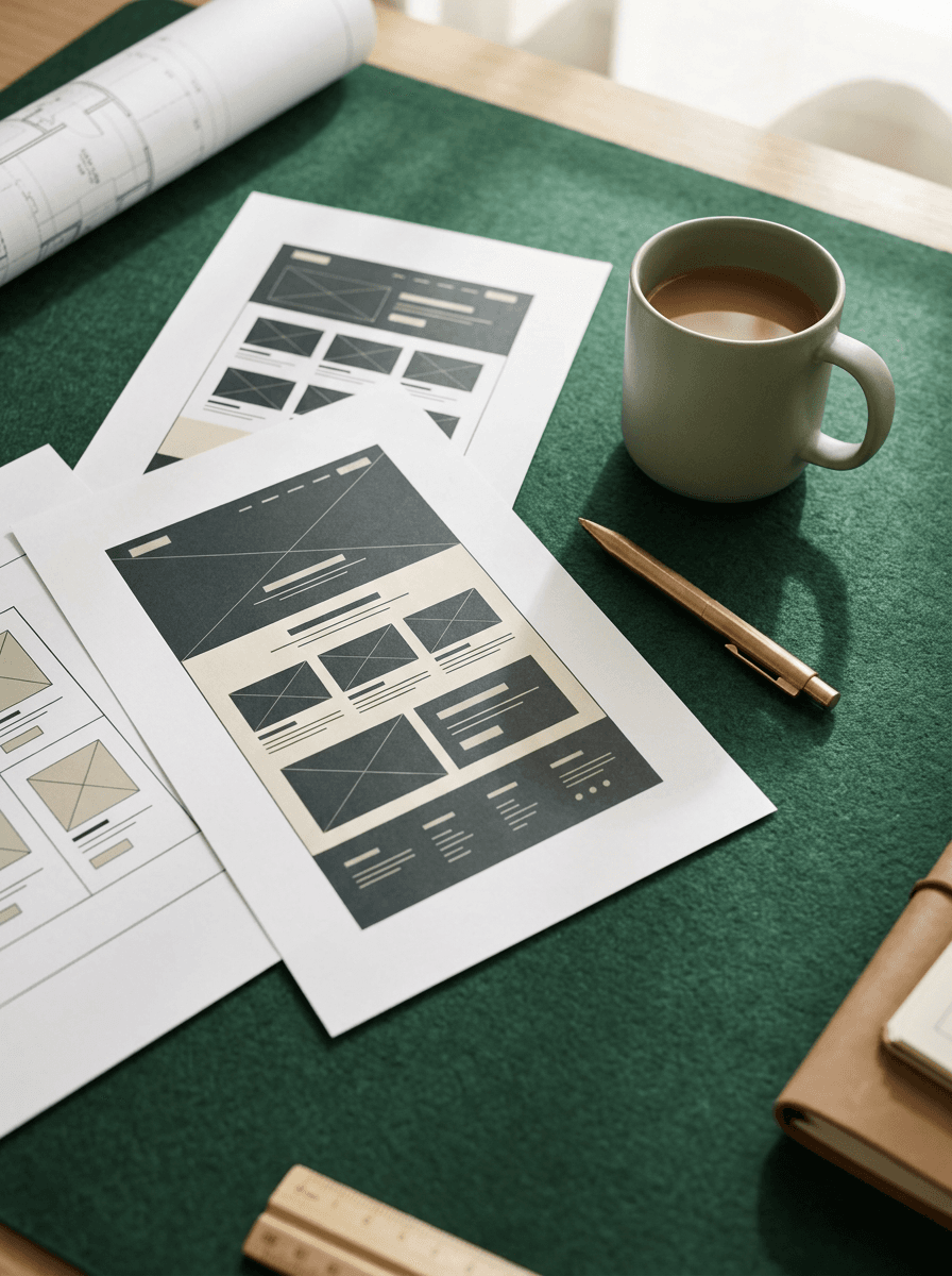Geprinte wireframes van een website op een bureau