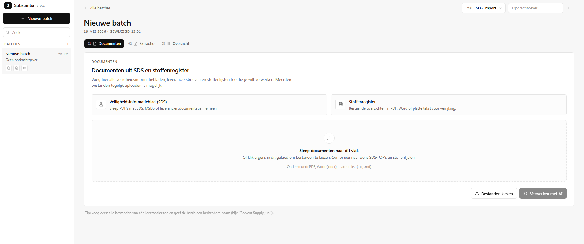 Lege batch in Substantia met dropzone voor SDS en stoffenregister